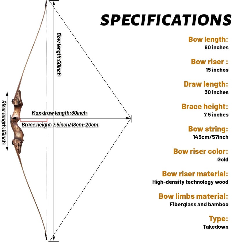 oubert 60 Inch Black Hunter Longbow 20-60 Lbs Archery Bow with Stringer Tool Right Hand Hunting Bows for Adults Outdoor Shooting Target Practice - Image 2